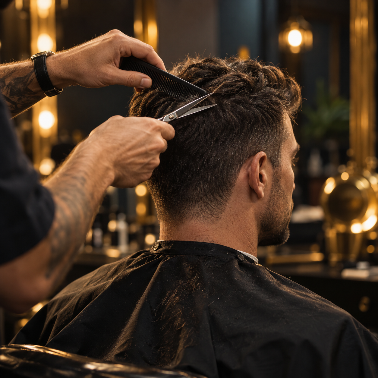 Escena ilustrativa del trabajo de barbería: corte a tijera con iluminación dorada